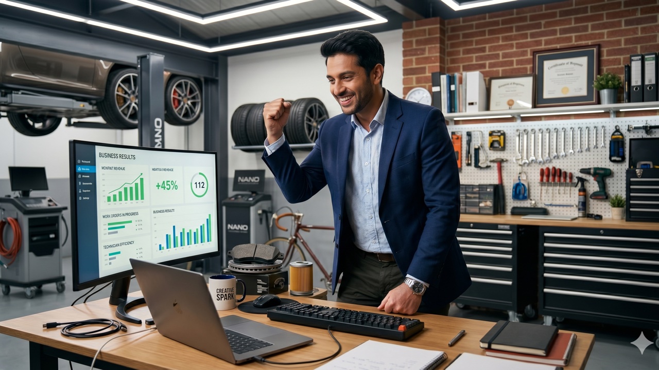 Local business owner celebrating growth shown on a dashboard