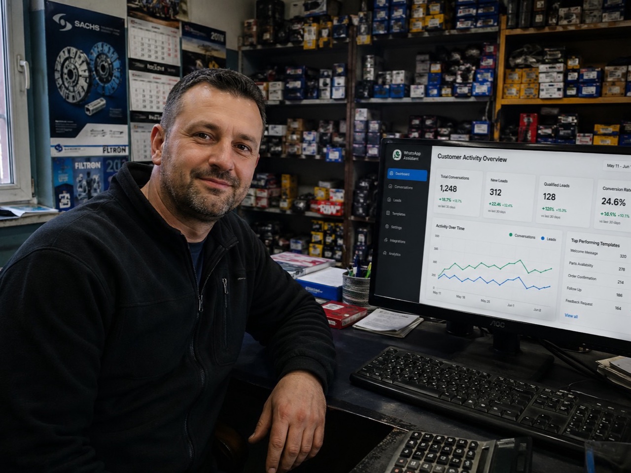 Auto parts retailer at his shop reviewing the INFRAtech WhatsApp Assistant