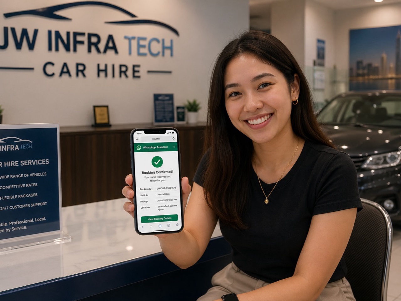 Car hire counter staff showing a WhatsApp booking confirmation on a phone