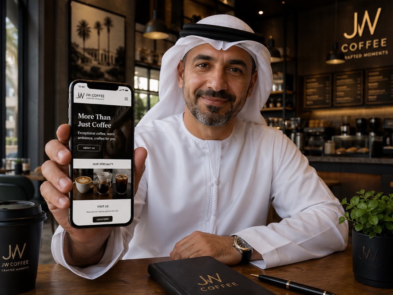 Coffee shop owner showing his branded mobile landing page