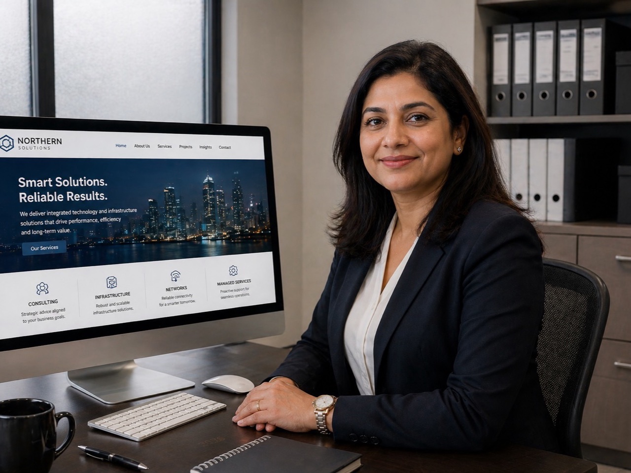 Corporate office desk with a full website on the monitor