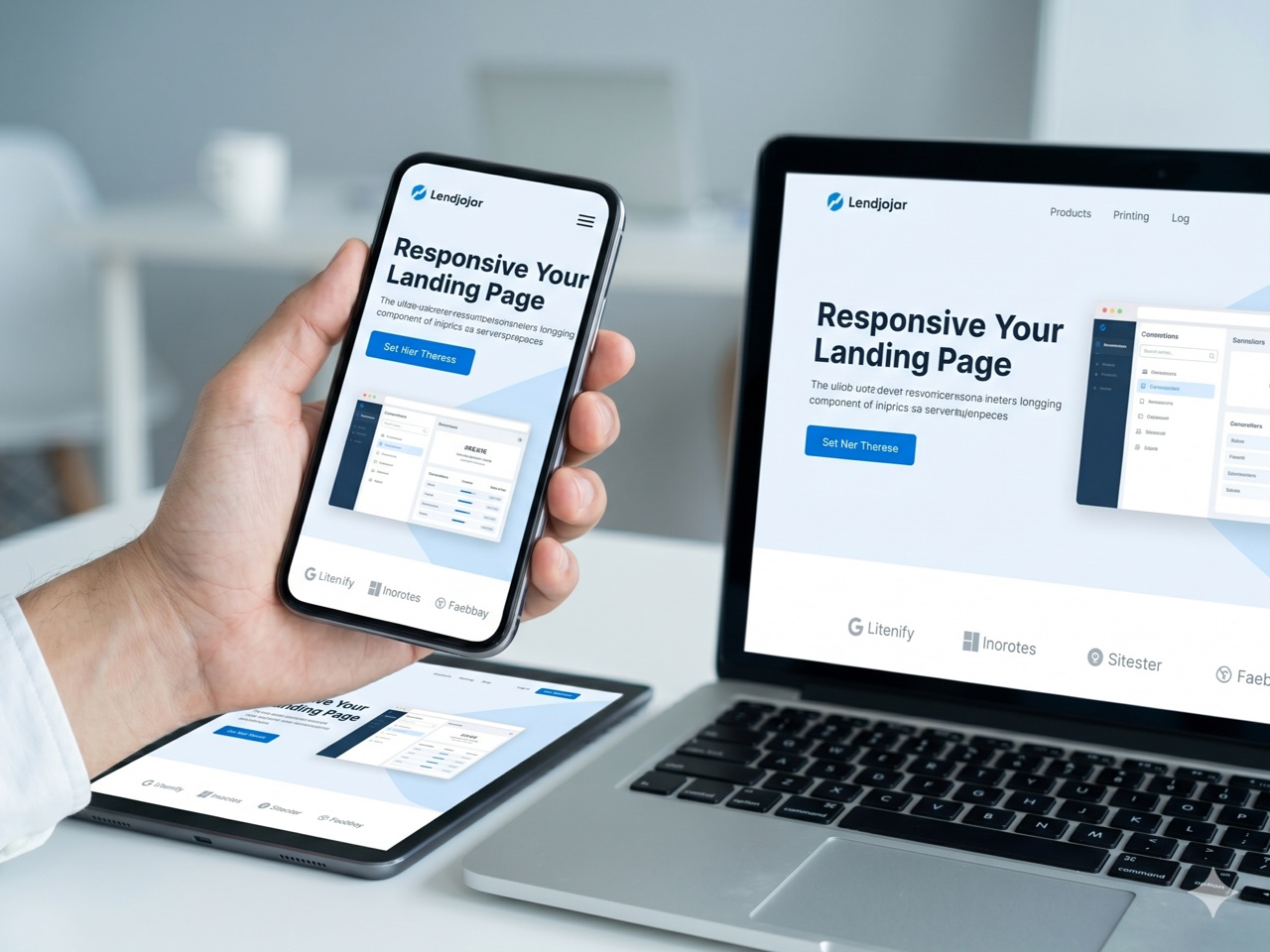 Responsive landing page shown on phone, laptop and tablet