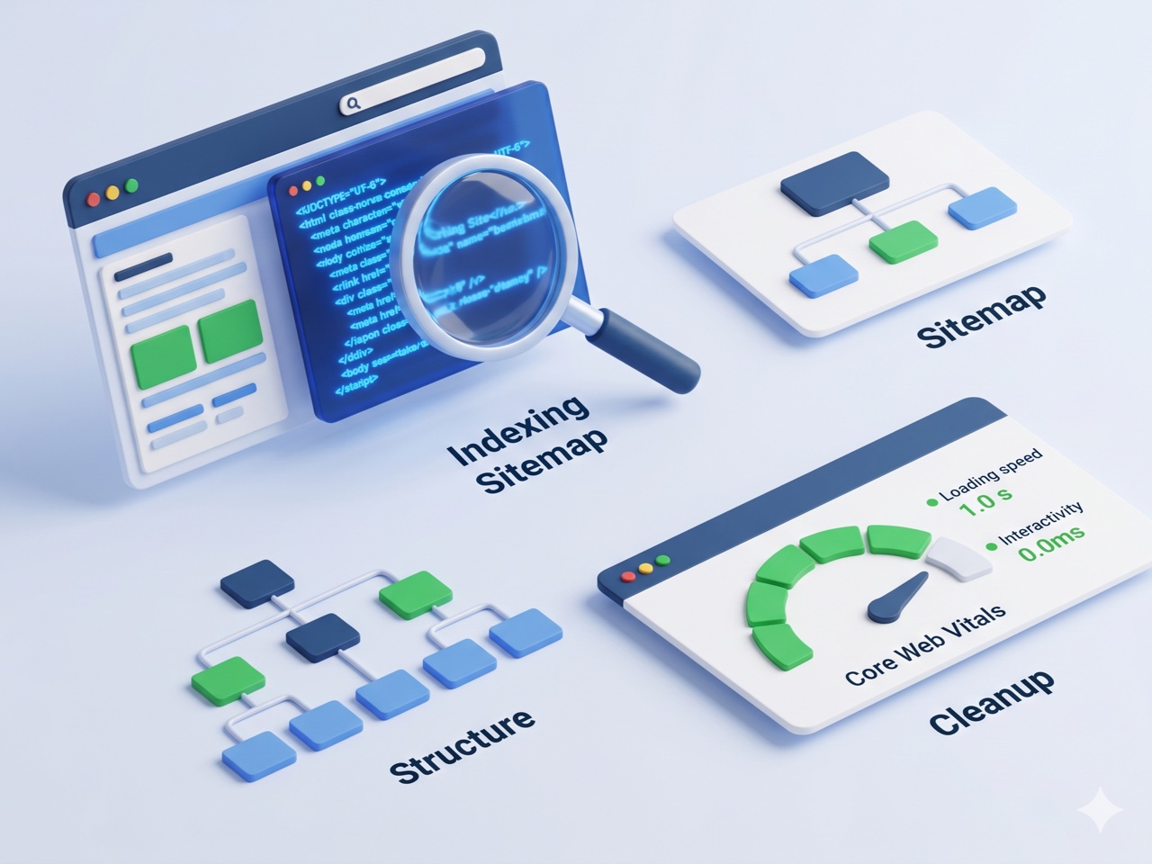 SEO illustration with indexing, sitemap, structure and Core Web Vitals