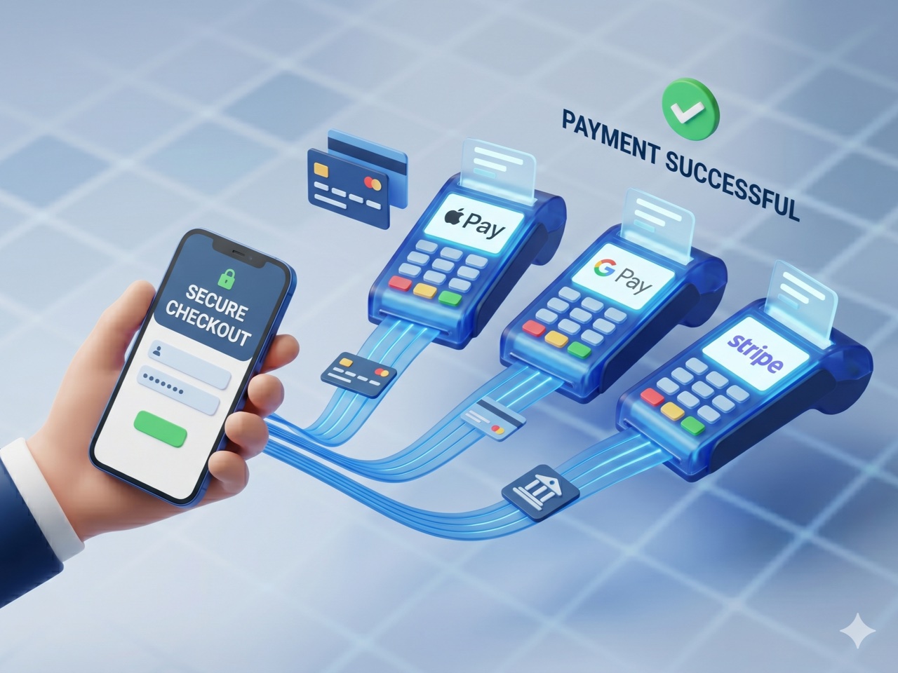 Secure mobile checkout connecting to Apple Pay, Google Pay and Stripe